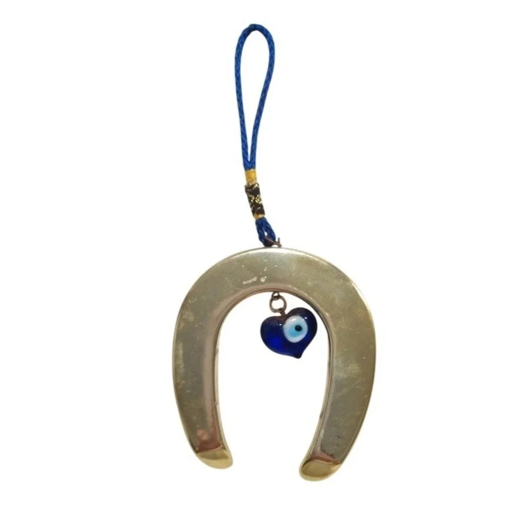 Evil Eye Horseshoe Wall Hanging Charm Blue Heart Nazar Amulet 8-9 in